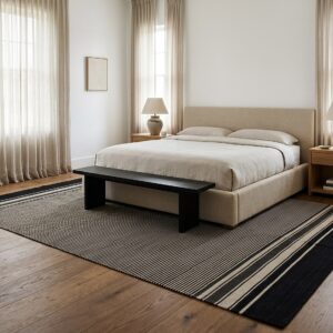 Black and Beige Stripe Handmade Wool Rug (SKU FIO3BK8X10), styled in a bedroom