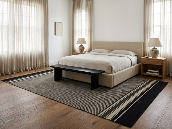 Black and beige stripe handmade wool rug - 8 x 10 size rugs 12 Black and beige stripe handmade wool rug (sku fio3bk8x10), styled in a bedroom