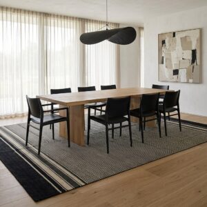 Black and Beige Stripe Handmade Wool Rug (SKU FIO3BK8X10), styled in a dining room