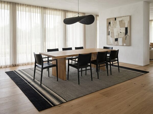 Black and beige stripe handmade wool rug - 8 x 10 size rugs 11 Black and beige stripe handmade wool rug (sku fio3bk8x10), styled in a dining room
