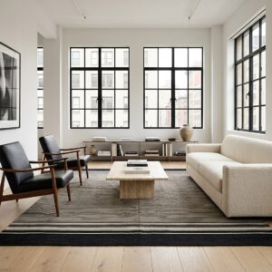 Black and Beige Stripe Handmade Wool Rug (SKU FIO3BK8X10), styled in a living room