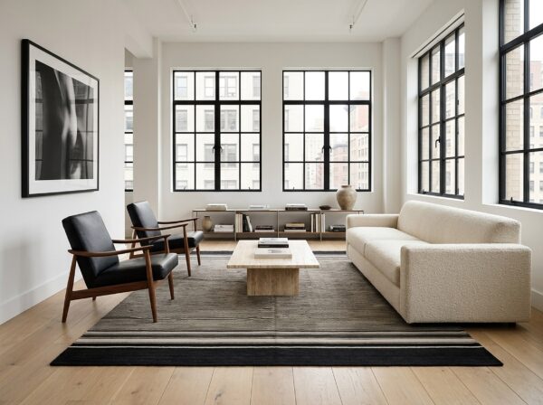Black and beige stripe handmade wool rug - 8 x 10 size rugs 10 Black and beige stripe handmade wool rug (sku fio3bk8x10), styled in a living room