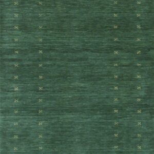 Sloane Ava green hand knotted wool rug with soft abrash and small gold cross motifs, full top view.