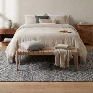 Penelope Kilim Charcoal and Ivory Handmade Wool Rug - bedroom room view