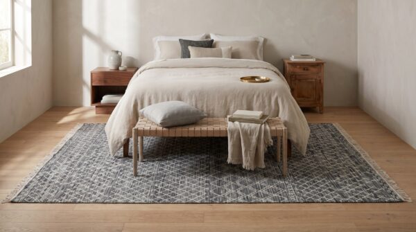 Penelope kilim charcoal and ivory handmade wool rug 2 Penelope kilim charcoal and ivory handmade wool rug - bedroom room view