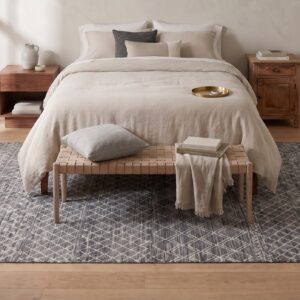 Penelope Kilim Charcoal and Ivory Handmade Wool Rug - bedroom styled overhead view
