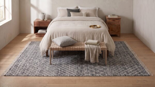 Penelope kilim charcoal and ivory handmade wool rug 3 Penelope kilim charcoal and ivory handmade wool rug - bedroom styled overhead view
