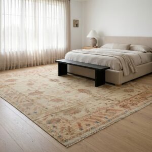 Peshawar Hand Knotted Wool Rug, Gold and Rust Oushak Design (SKU PS49496BG8X11), styled in a bedroom