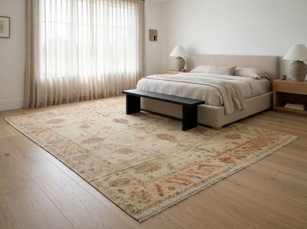 Peshawar rug, hand knotted wool, gold and rust oushak design, 8'5 x 10'6 14 Peshawar hand knotted wool rug, gold and rust oushak design (sku ps49496bg8x11), styled in a bedroom