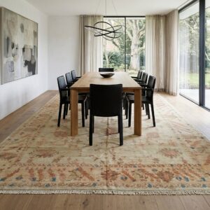 Peshawar Hand Knotted Wool Rug, Gold and Rust Oushak Design (SKU PS49496BG8X11), styled in a dining room