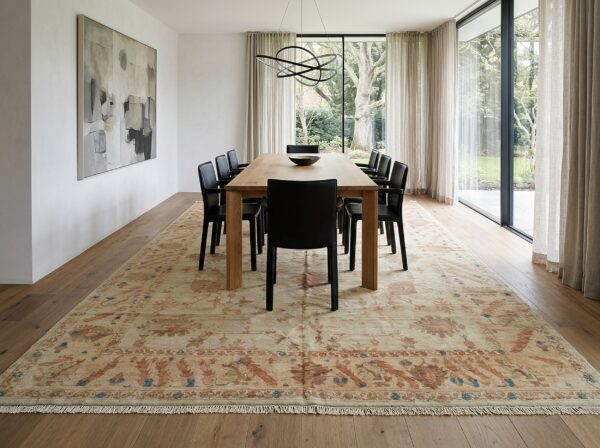Peshawar rug, hand knotted wool, gold and rust oushak design, 8'5 x 10'6 13 Peshawar hand knotted wool rug, gold and rust oushak design (sku ps49496bg8x11), styled in a dining room