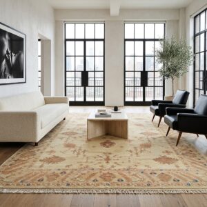 Peshawar Hand Knotted Wool Rug, Gold and Rust Oushak Design (SKU PS49496BG8X11), styled in a living room