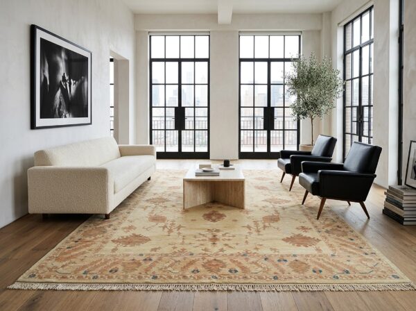 Peshawar rug, hand knotted wool, gold and rust oushak design, 8'5 x 10'6 12 Peshawar hand knotted wool rug, gold and rust oushak design (sku ps49496bg8x11), styled in a living room