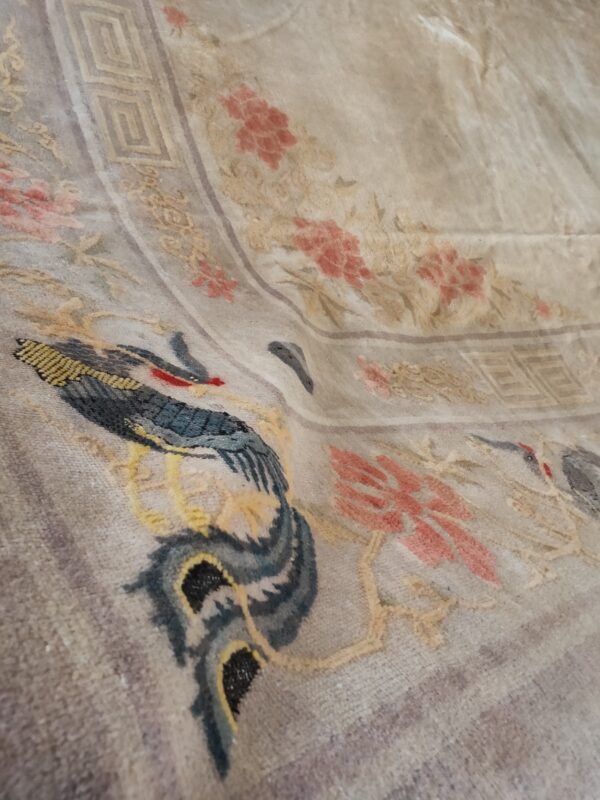 Solid open ivory color field antique bird design border chinese peking rug 2 Solid open ivory color field antique bird design border chinese peking rug, detail photo 1, stock number 23059