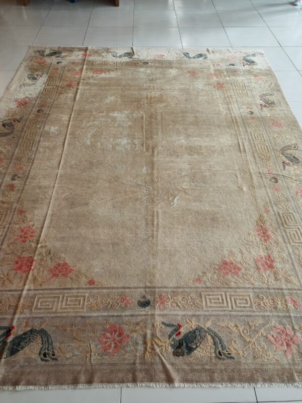 Solid open ivory color field antique bird design border chinese peking rug 12 Solid open ivory color field antique bird design border chinese peking rug, detail photo 11, stock number 23059