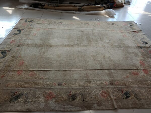 Solid open ivory color field antique bird design border chinese peking rug 13 Solid open ivory color field antique bird design border chinese peking rug, detail photo 12, stock number 23059