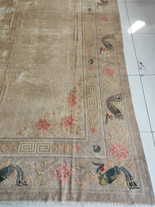 Solid open ivory color field antique bird design border chinese peking rug 3 Solid open ivory color field antique bird design border chinese peking rug, detail photo 2, stock number 23059