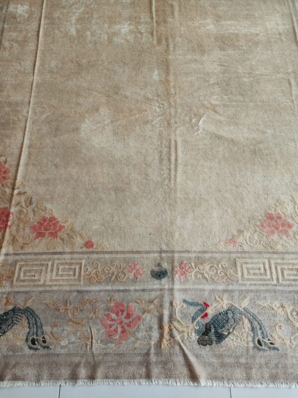 Solid open ivory color field antique bird design border chinese peking rug 4 Solid open ivory color field antique bird design border chinese peking rug, detail photo 3, stock number 23059