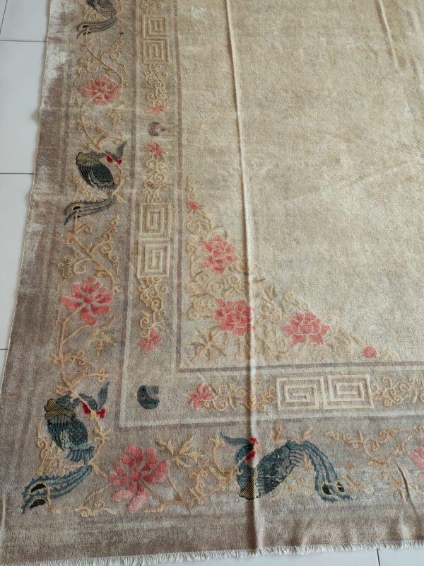 Solid open ivory color field antique bird design border chinese peking rug 5 Solid open ivory color field antique bird design border chinese peking rug, detail photo 4, stock number 23059