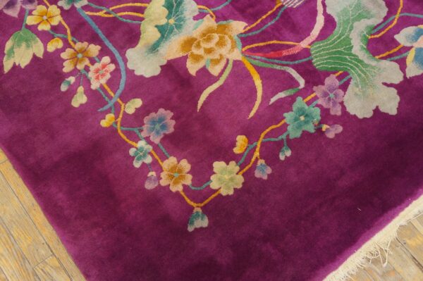 Solid open purple color field antique floral chinese art deco room size area rug 3 Solid open purple color field antique floral chinese art deco room size area rug (sku 23521) - detail view 2