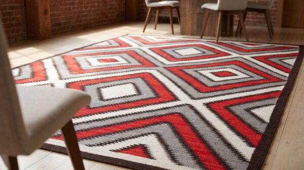 Southwestern style rug 6'×9' hand-woven wool, contemporary 4 Southwestern style rug 6'×9' hand-woven wool, contemporary (sku 30-10764) - dining room in-room detail