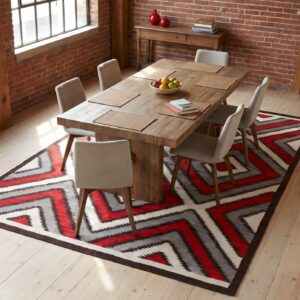 Southwestern Style Rug 6'×9' Hand-Woven Wool, Contemporary (SKU 30-10764) - dining room styled overhead view