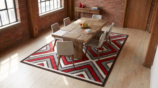 Southwestern style rug 6'×9' hand-woven wool, contemporary 3 Southwestern style rug 6'×9' hand-woven wool, contemporary (sku 30-10764) - dining room styled overhead view