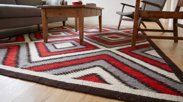 Southwestern style rug 6'×9' hand-woven wool, contemporary 7 Southwestern style rug 6'×9' hand-woven wool, contemporary (sku 30-10764) - living room in-room detail