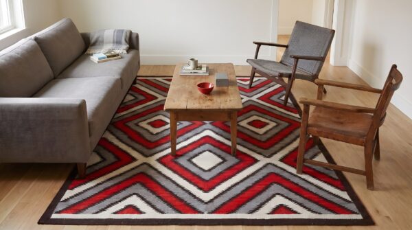 Southwestern style rug 6'×9' hand-woven wool, contemporary 6 Southwestern style rug 6'×9' hand-woven wool, contemporary (sku 30-10764) - living room styled overhead view
