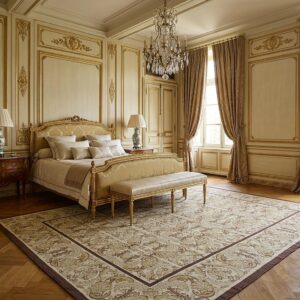 Vintage Aubusson Flat Weave Rug, Beige Renaissance Scroll (SKU FA5120BG9X12), styled in a bedroom