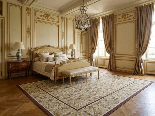 Vintage aubusson flat weave rug, beige renaissance scroll, 9' x 12' 11 Vintage aubusson flat weave rug, beige renaissance scroll (sku fa5120bg9x12), styled in a bedroom
