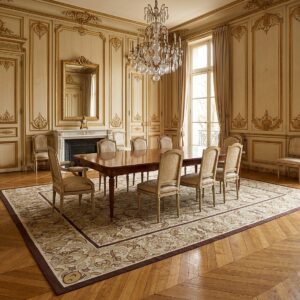 Vintage Aubusson Flat Weave Rug, Beige Renaissance Scroll (SKU FA5120BG9X12), styled in a dining room