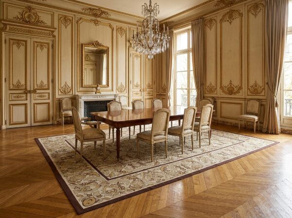 Vintage aubusson flat weave rug, beige renaissance scroll, 9' x 12' 10 Vintage aubusson flat weave rug, beige renaissance scroll (sku fa5120bg9x12), styled in a dining room