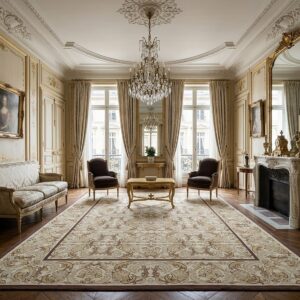 Vintage Aubusson Flat Weave Rug, Beige Renaissance Scroll (SKU FA5120BG9X12), styled in a living room