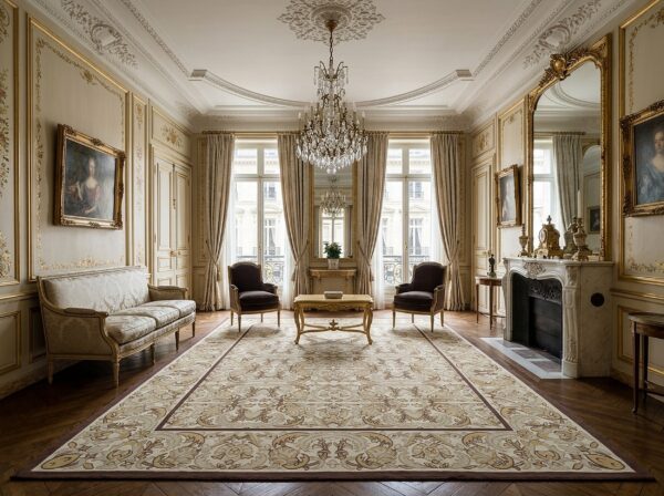 Vintage aubusson flat weave rug, beige renaissance scroll, 9' x 12' 9 Vintage aubusson flat weave rug, beige renaissance scroll (sku fa5120bg9x12), styled in a living room