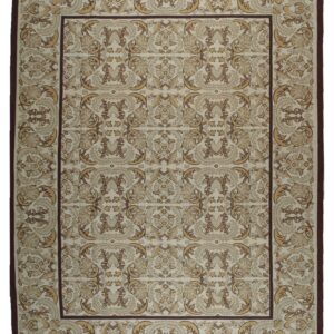 Vintage Aubusson flat weave rug, Beige Renaissance Scroll (SKU FA5120BG9X12), full view