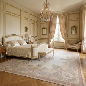 Vintage Aubusson Flat Weave Rug, Beige Rose Bouquet (SKU FA12736BG8X10), styled in a bedroom