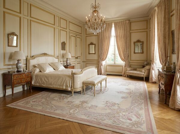 Vintage aubusson flat weave rug, beige rose bouquet, 8' x 10' 14 Vintage aubusson flat weave rug, beige rose bouquet (sku fa12736bg8x10), styled in a bedroom