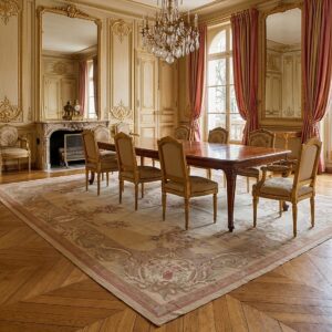 Vintage Aubusson Flat Weave Rug, Beige Rose Bouquet (SKU FA12736BG8X10), styled in a dining room