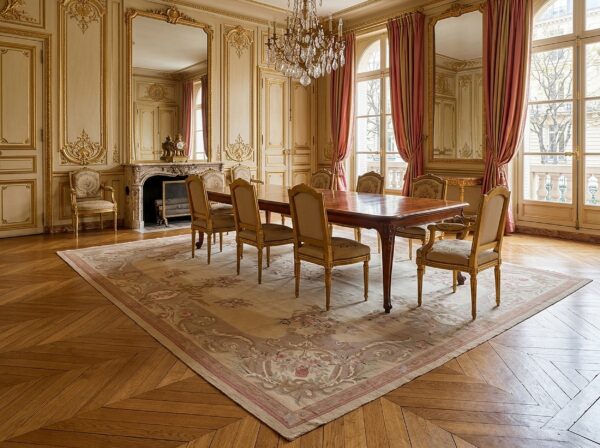 Vintage aubusson flat weave rug, beige rose bouquet, 8' x 10' 13 Vintage aubusson flat weave rug, beige rose bouquet (sku fa12736bg8x10), styled in a dining room