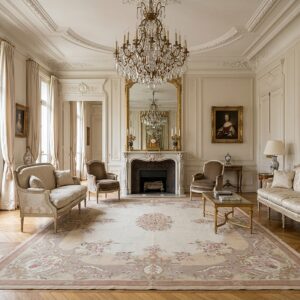 Vintage Aubusson Flat Weave Rug, Beige Rose Bouquet (SKU FA12736BG8X10), styled in a living room