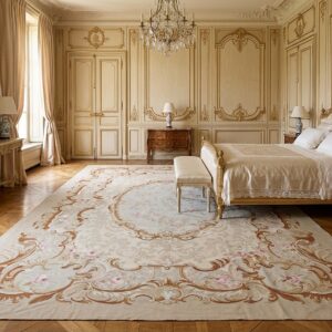 Vintage Aubusson Flat Weave Rug, Beige Rose Medallion (SKU FA5006BG9X12), styled in a bedroom
