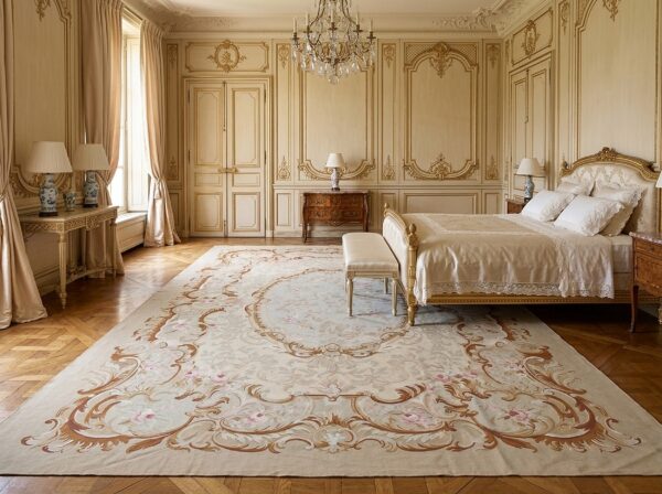 Vintage aubusson flat weave rug, beige rose medallion (sku fa5006bg9x12), styled in a bedroom