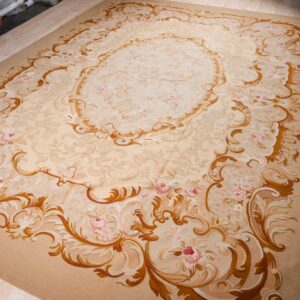 Vintage Aubusson flat weave rug, Beige Rose Medallion (SKU FA5006BG9X12), detail 1