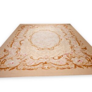 Vintage Aubusson flat weave rug, Beige Rose Medallion (SKU FA5006BG9X12), detail 2