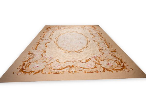 Vintage aubusson flat weave rug, beige rose medallion (sku fa5006bg9x12), detail 2