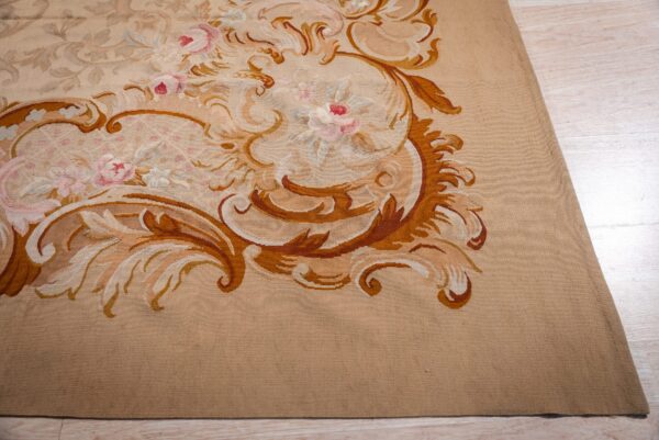 Vintage aubusson flat weave rug, beige rose medallion (sku fa5006bg9x12), detail 4