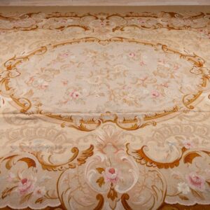 Vintage Aubusson flat weave rug, Beige Rose Medallion (SKU FA5006BG9X12), detail 5