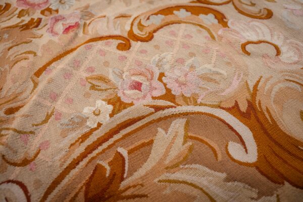 Vintage aubusson flat weave rug, beige rose medallion (sku fa5006bg9x12), detail 6