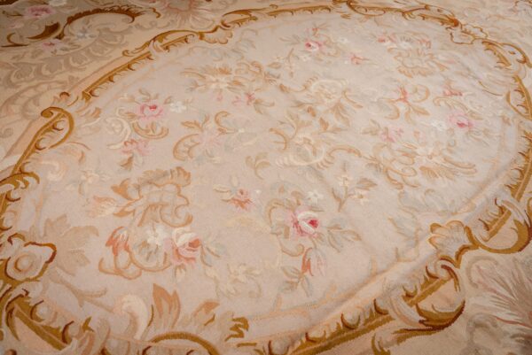 Vintage aubusson flat weave rug, beige rose medallion (sku fa5006bg9x12), detail 7
